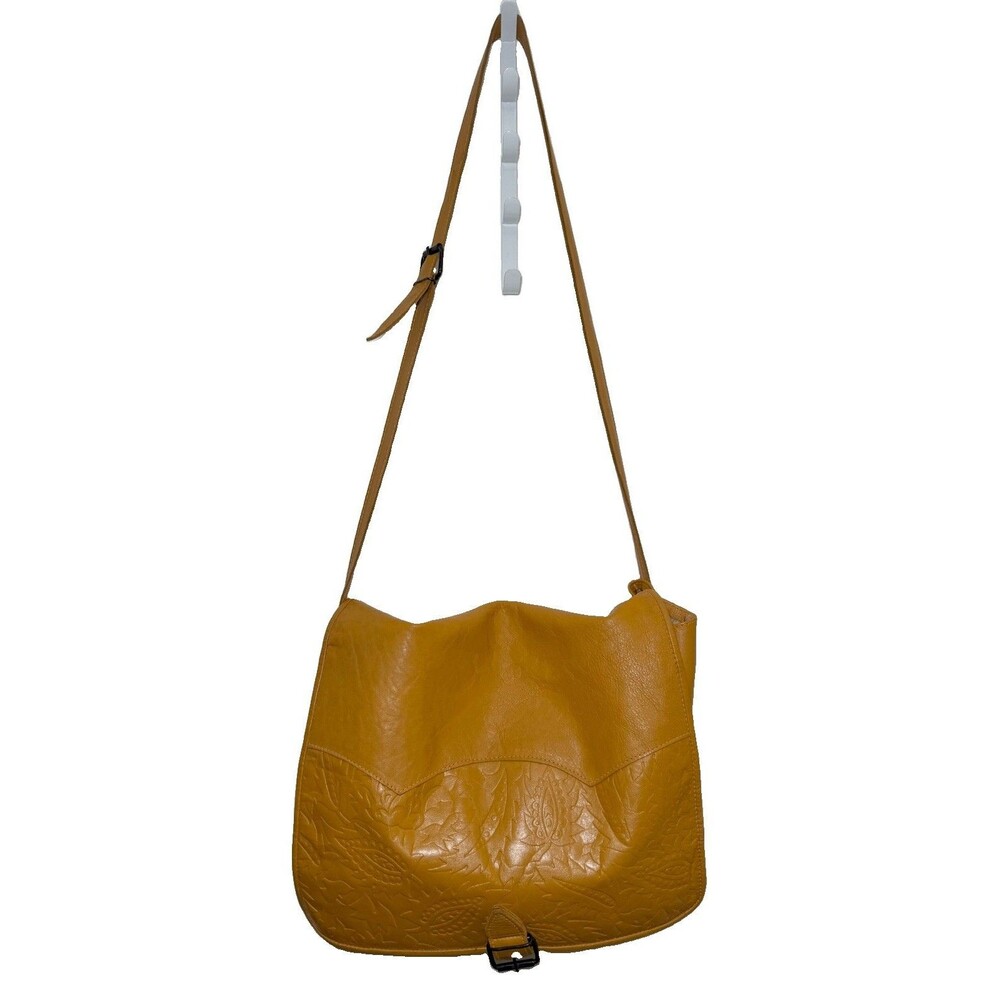 Barganza Genuine Leather Mustard Yellow Embossed Paisley Messenger Bag